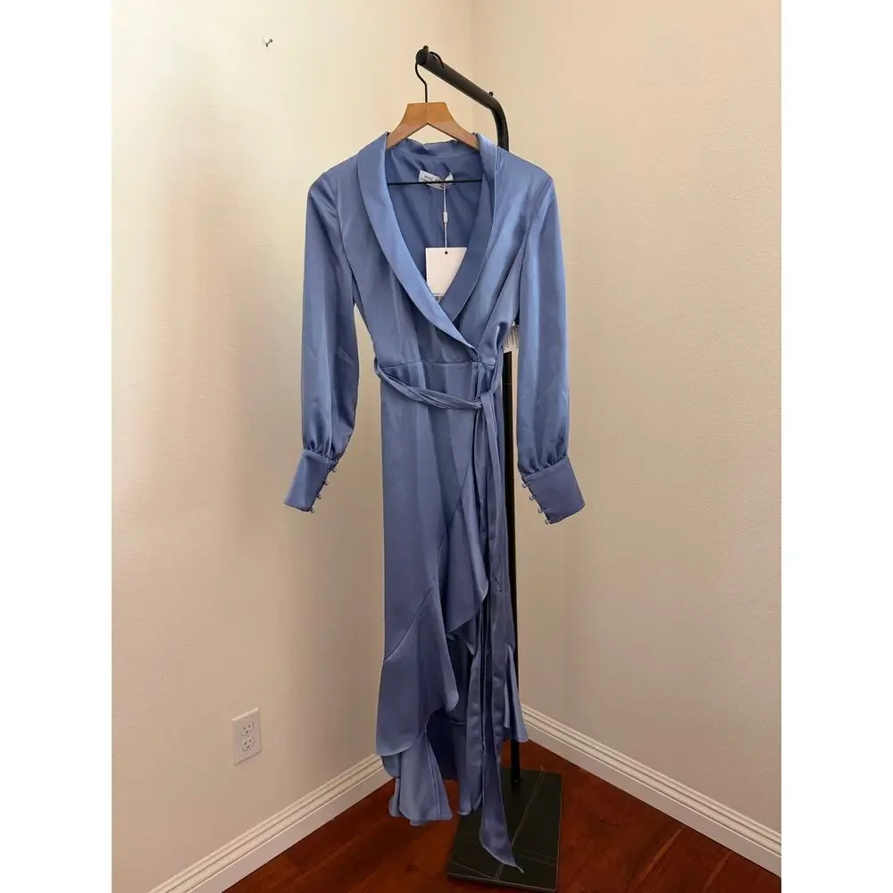 MAC DUGGAL 12506 cocktail wrap periwinkle blue dress long sleeve sz 2 - Picture 4 of 8